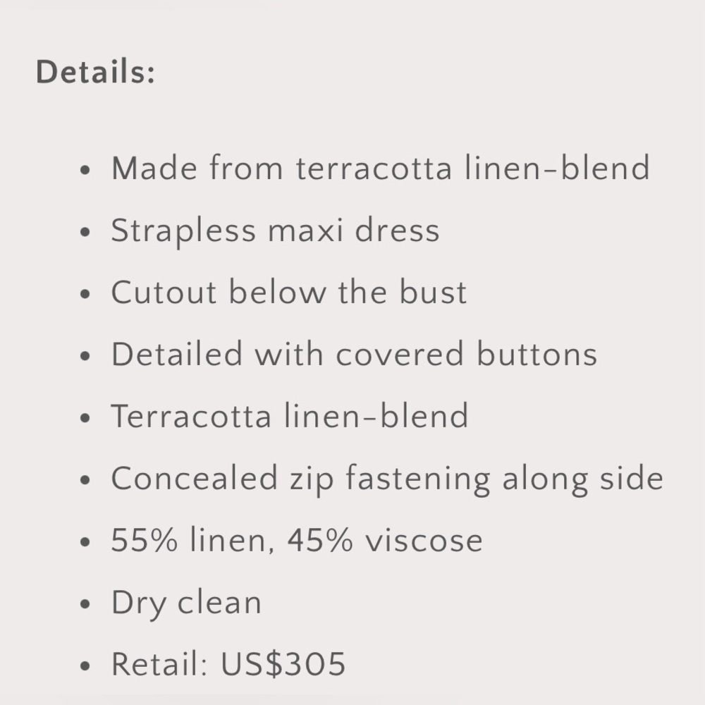 Adriana Degreas size Small strapless linen maxi dress, cutout just below bust - Picture 10 of 10